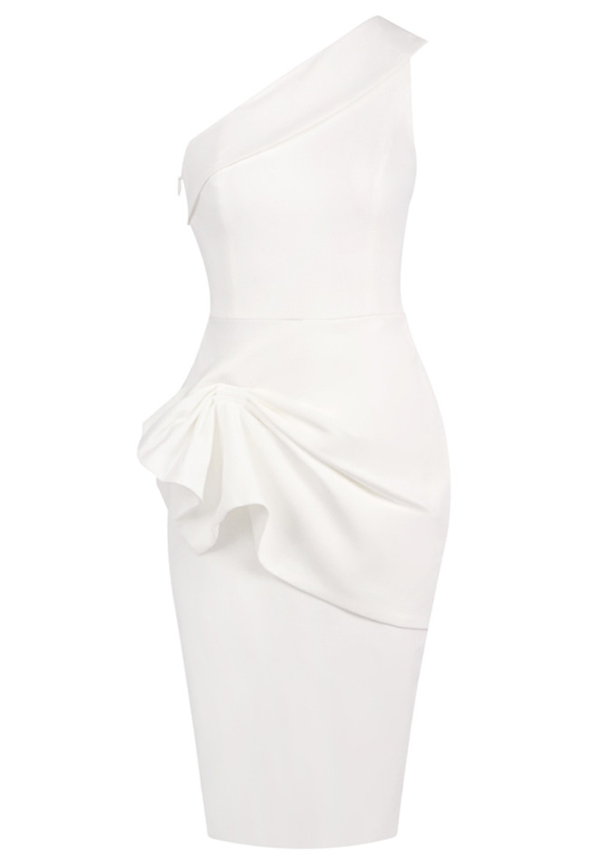One Shoulder Draped Midi Dress White