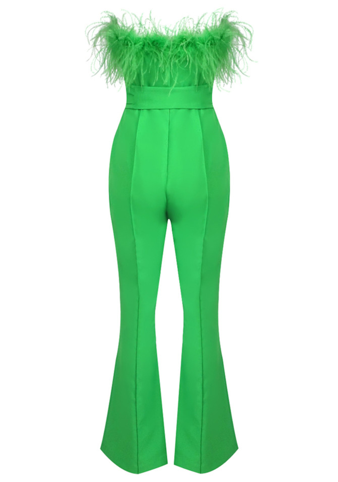 Strapless Feather Jumpsuit Green