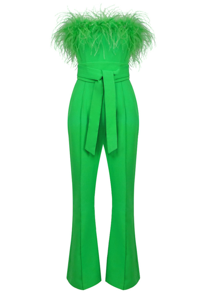Strapless Feather Jumpsuit Green
