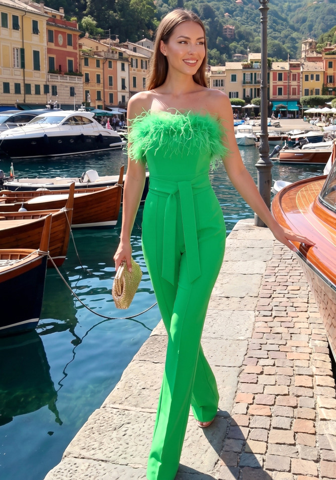 Strapless Feather Jumpsuit Green