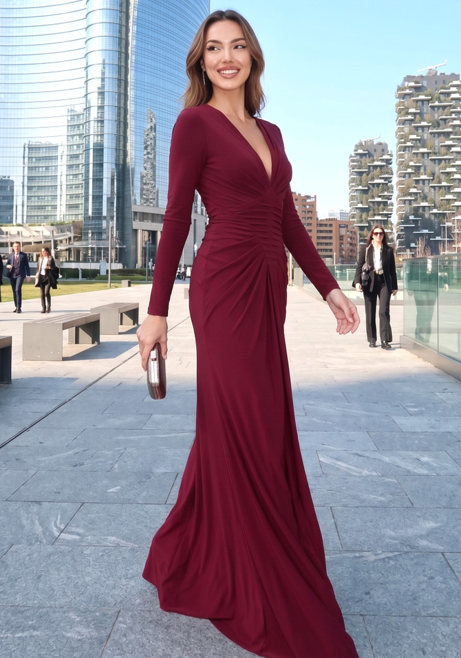 Long Sleeve Draped Maxi Dress Burgundy