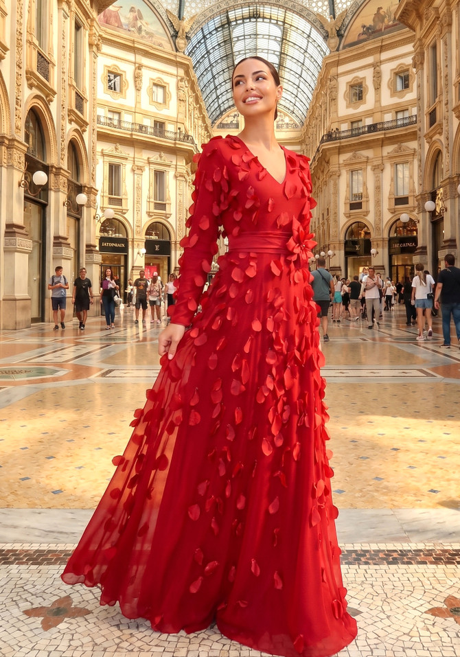Long Sleeve Floral Embellished A Line Maxi Dress Red