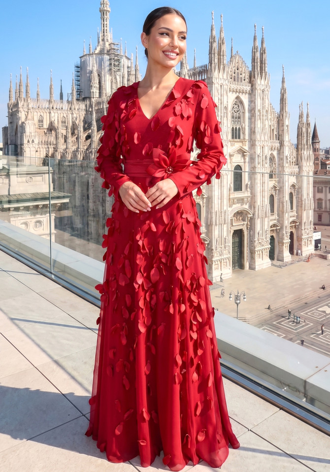 Long Sleeve Floral Embellished A Line Maxi Dress Red