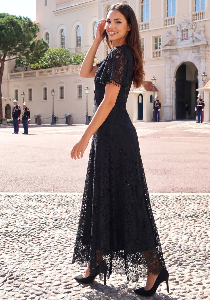 Short Sleeve Corset A Line Crochet Maxi Dress Black