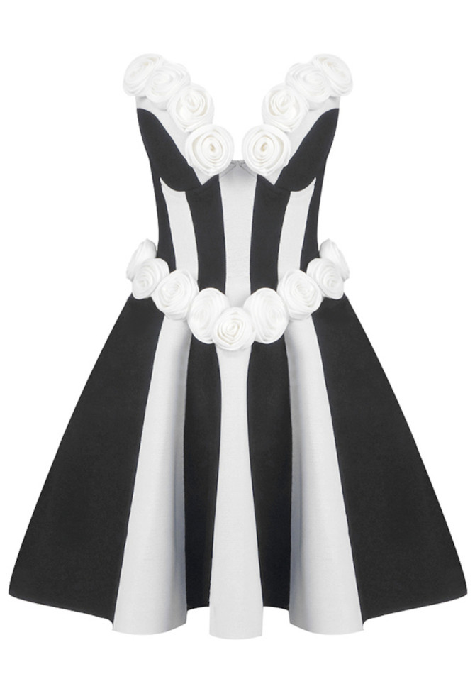 Strapless Floral A Line Dress Black White