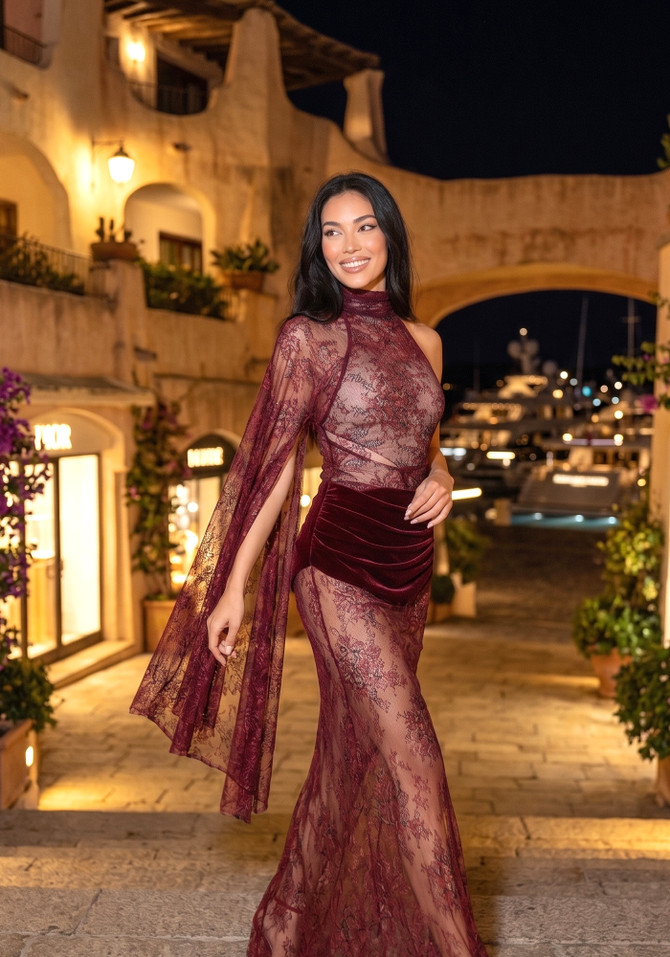 One Shoulder Lace Maxi Dress Burgundy