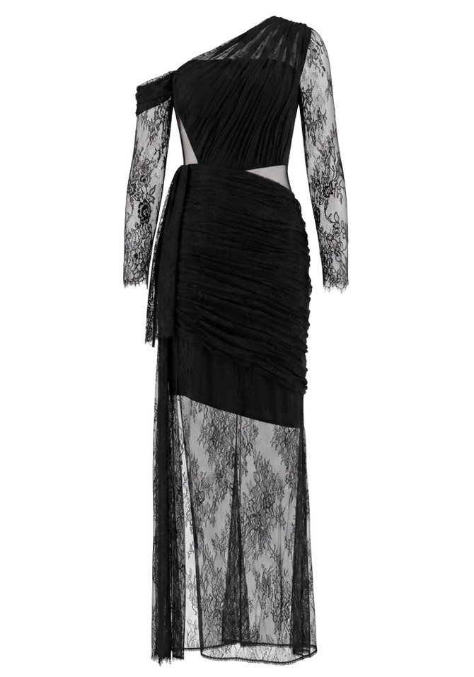 Long Sleeve Draped Lace Maxi Dress Black