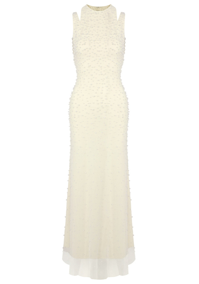 Halter Pearl Backless Maxi Dress Light Yellow