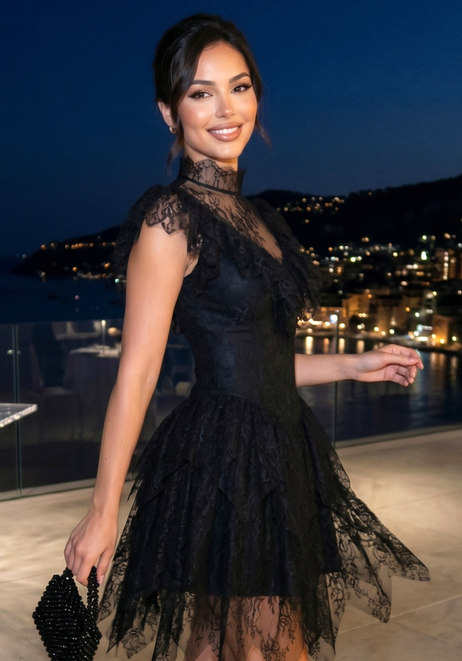 Lace Ruffle A Line Dress Black