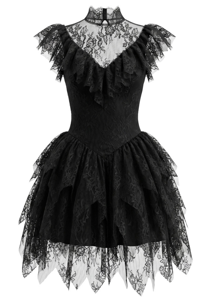 Lace Ruffle A Line Dress Black