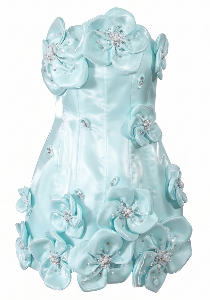 Strapless Pearl Crystal Floral Dress Turquoise