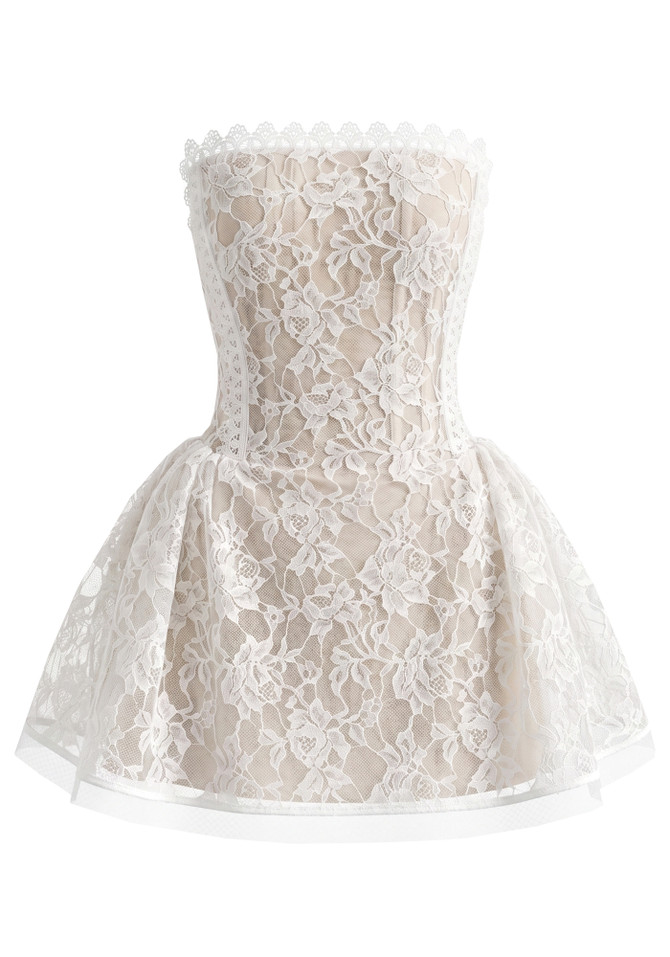 Strapless Scalloped Lace A Line Dress Black