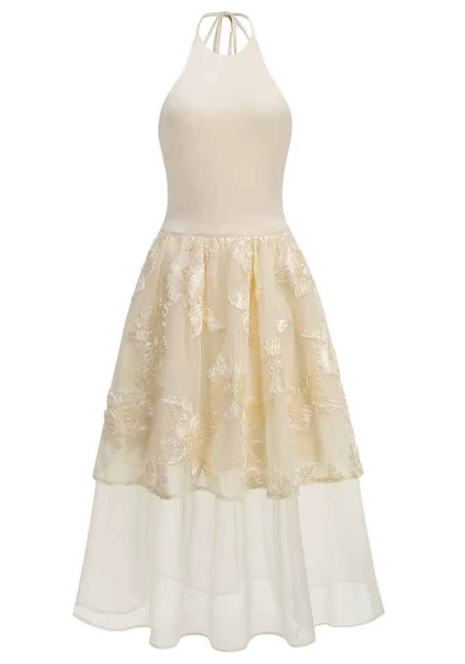 Halter Floral Ruffle Midi Dress Ivory