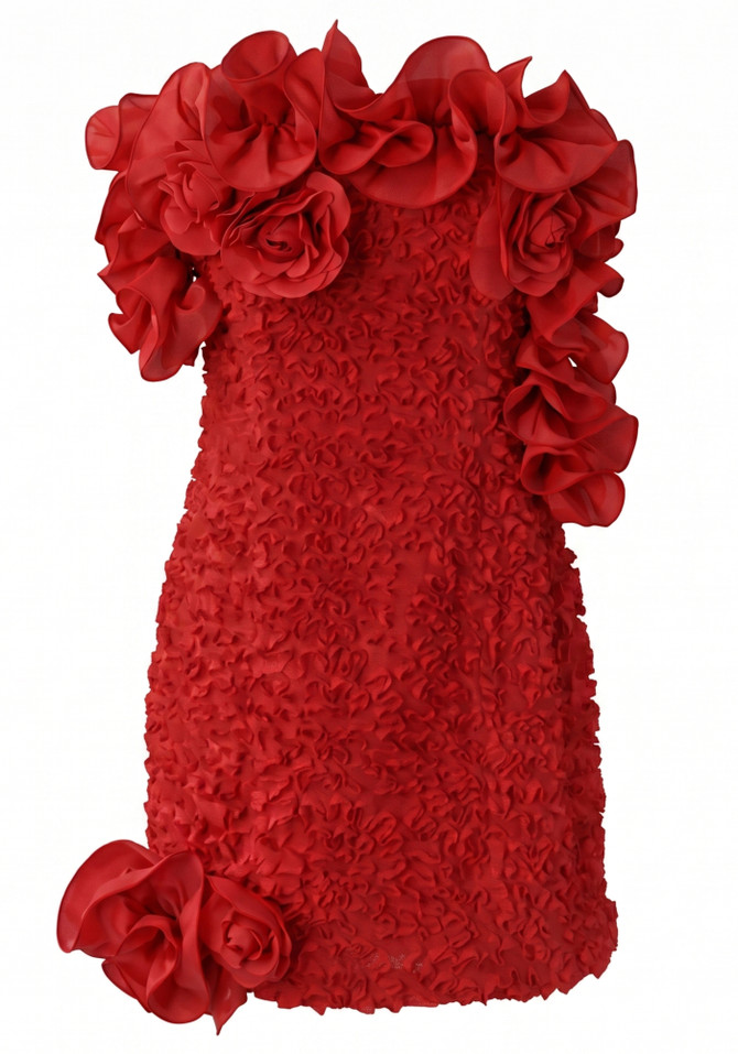 Strapless Floral Ruffle Dress Red