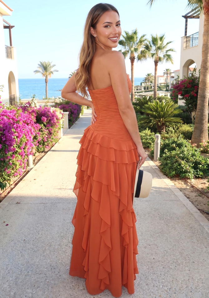 Strapless Ruffle Maxi Dress Orange