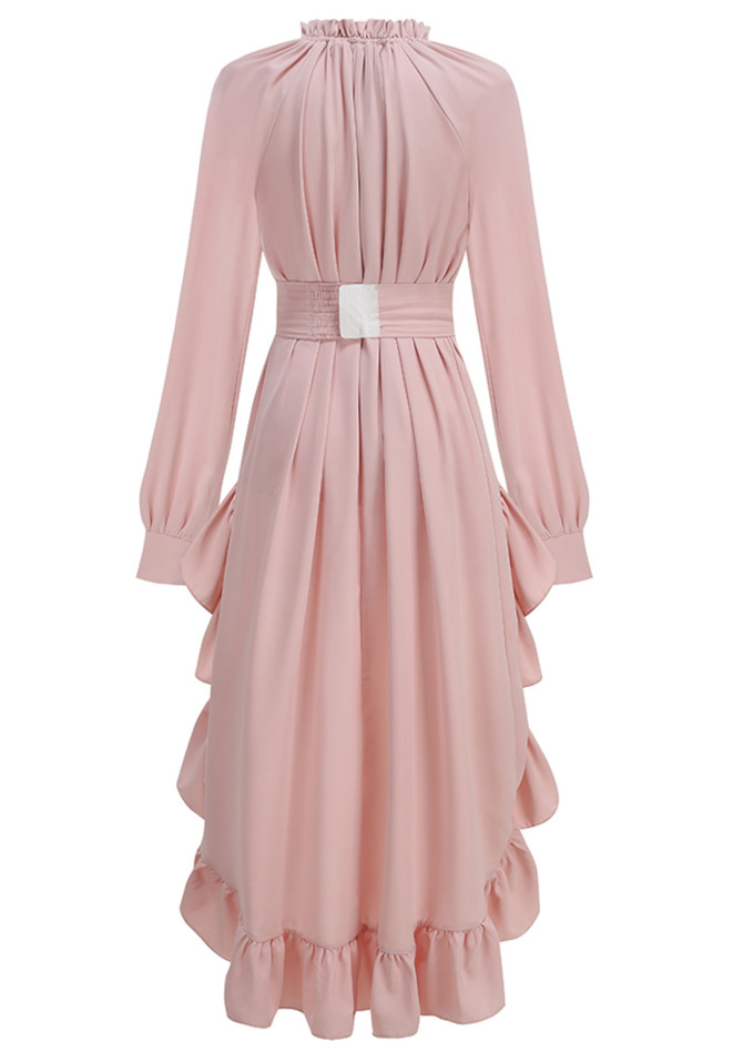 Long Sleeve High Low Ruffle Maxi Dress Pink