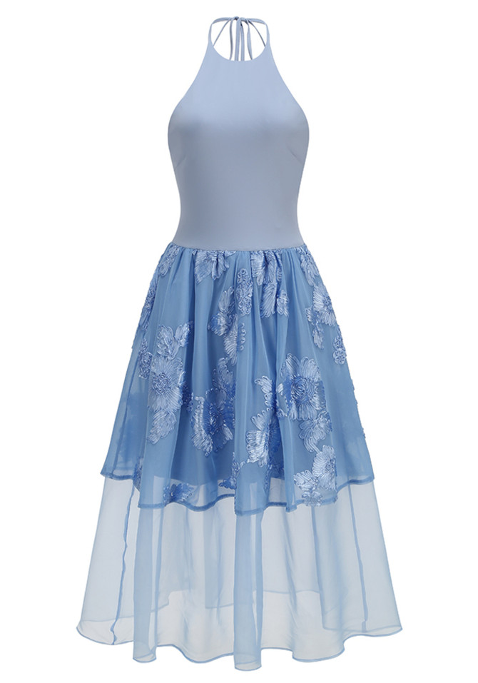 Halter Floral A Line Midi Dress Blue
