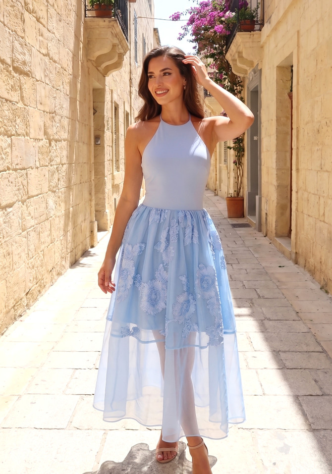 Halter Floral A Line Midi Dress Blue