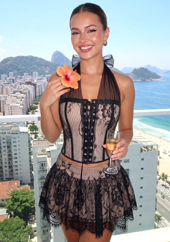 Halter Lace Corset Two Piece Dress Black