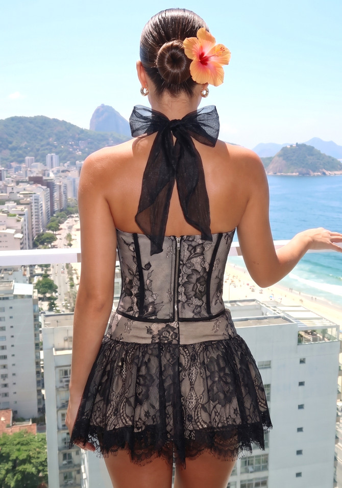 Halter Lace Corset Two Piece Dress Black