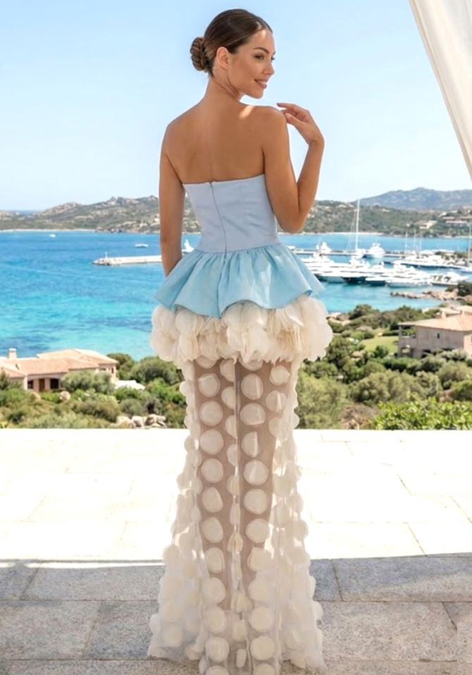 Strapless Floral Peplum Maxi Dress Light Blue Ivory
