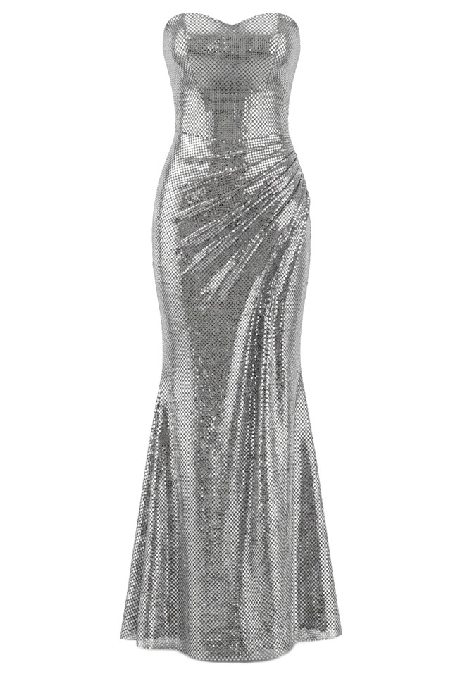 Strapless Draped Maxi Dress Silver
