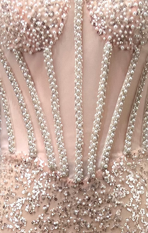 Strapless Sequin Pearl Corset Maxi Dress Nude Pink