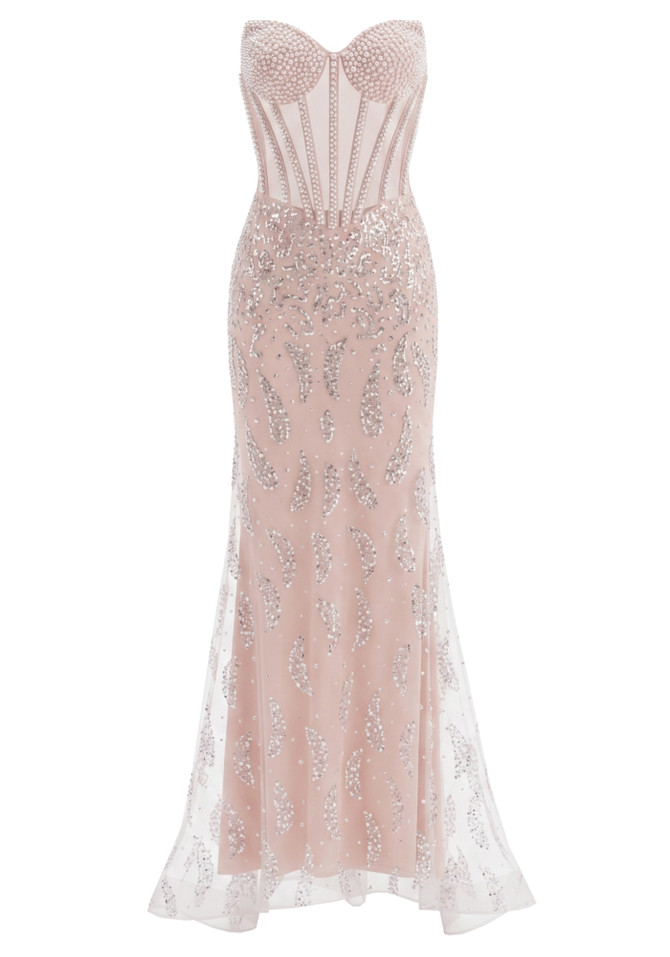 Strapless Sequin Pearl Corset Maxi Dress Nude Pink