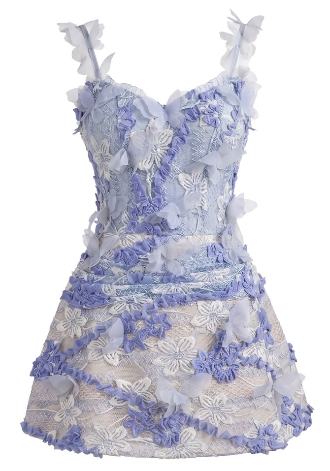 Floral Butterfly Lace A Line Dress Blue