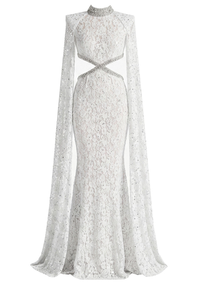 Lace Cape Sleeve Crystal Cut Out Maxi Dress White