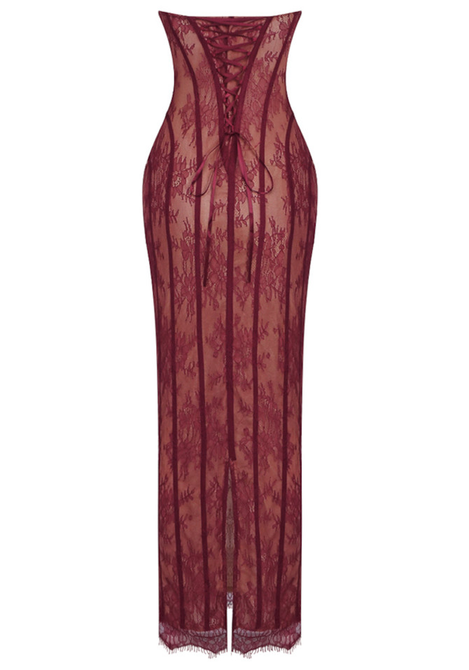 Strapless Lace Corset Maxi Dress Burgundy