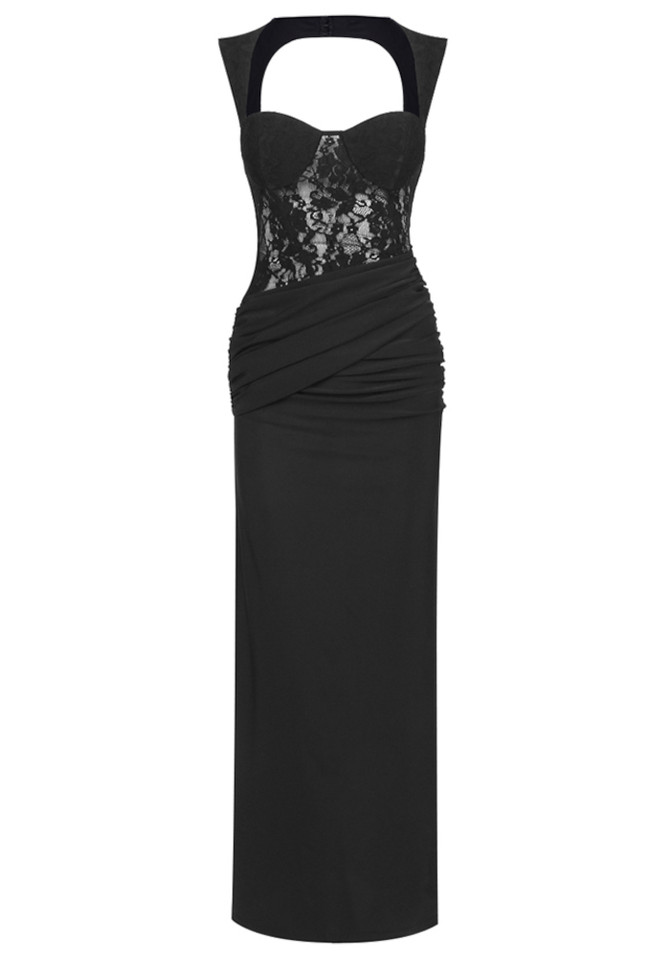 Lace Insert Bustier Draped Maxi Dress Black