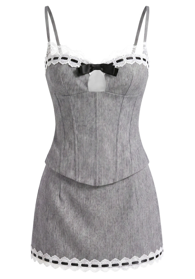 Lace Trim Two Piece Dress Grey