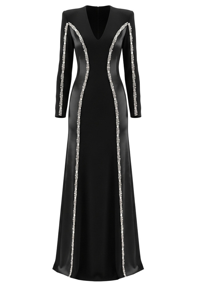 Long Sleeve Crystal Trim Maxi Dress Black