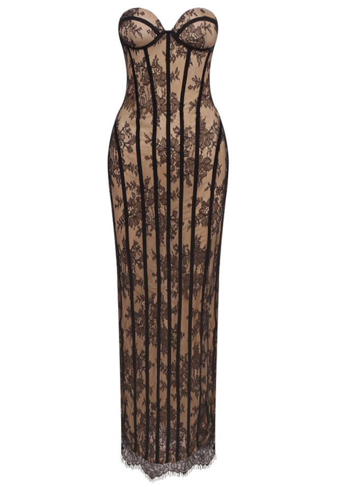 Strapless Structured Lace Corset Maxi Dress Black