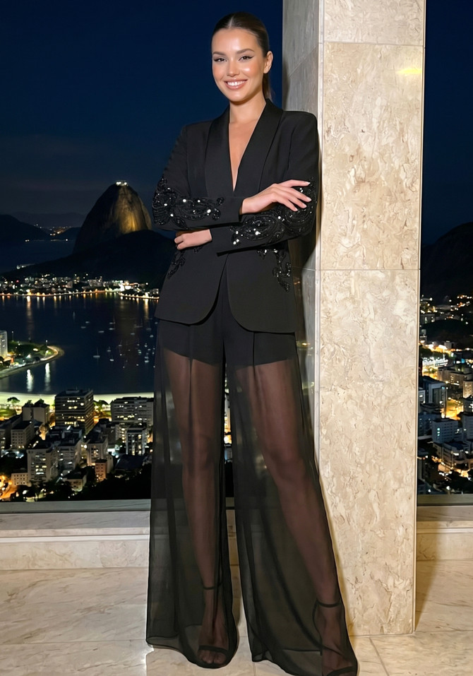 Sequin Detail Mesh Suit Black
