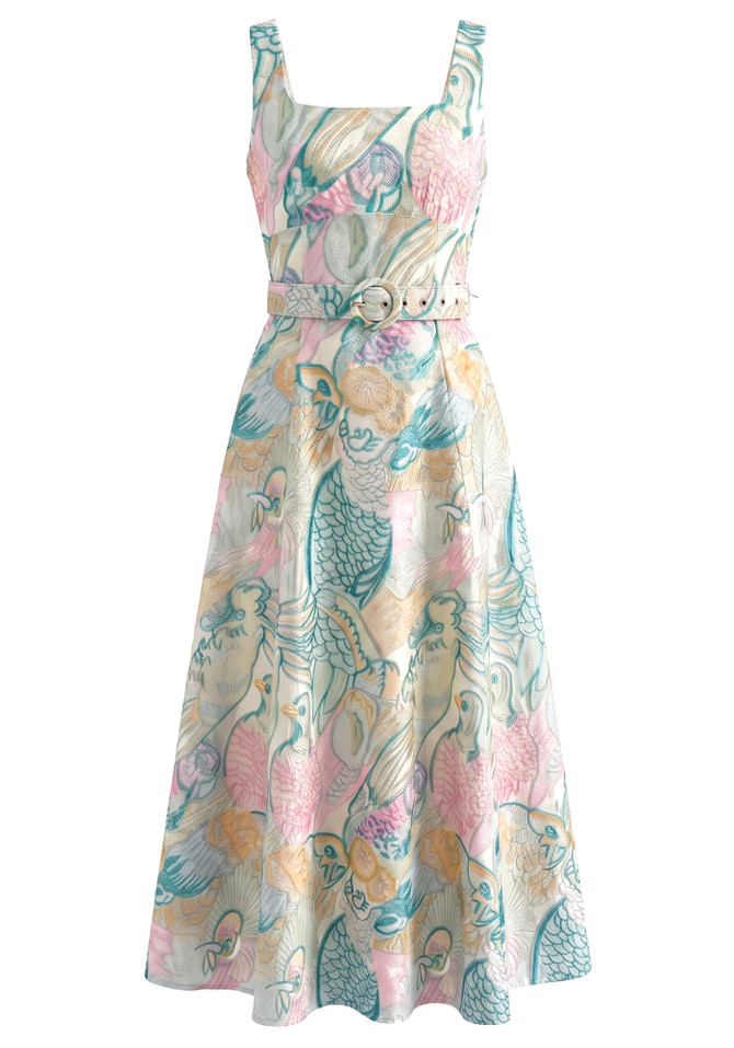 Floral Belt A Line Midi Dress Green