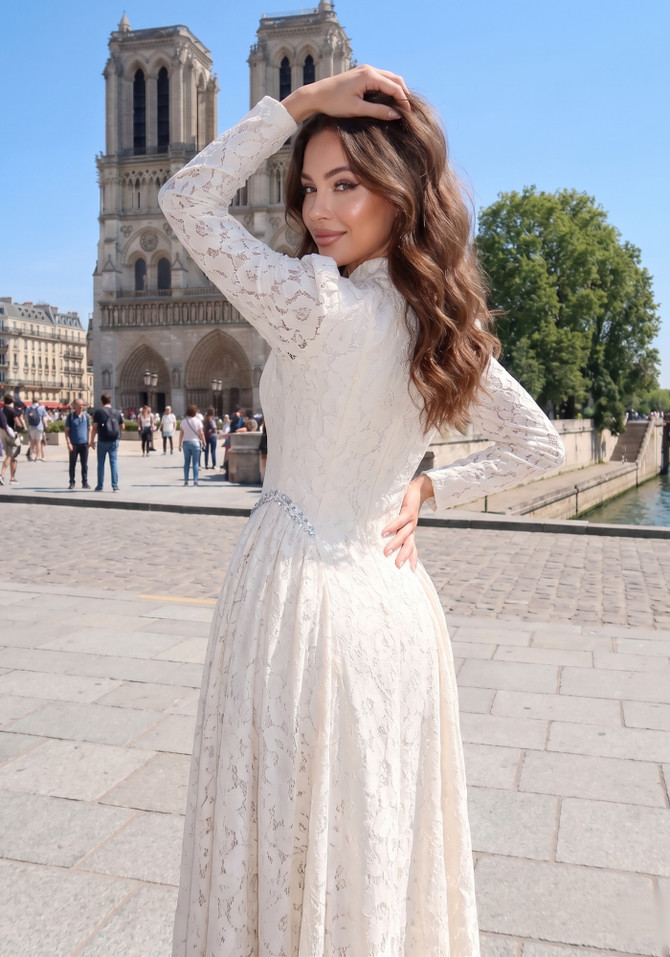 Long Sleeve Crystal Detail A Line Lace Maxi Dress Ivory