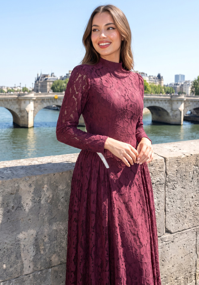 Long Sleeve Crystal Detail A Line Lace Maxi Dress Burgundy