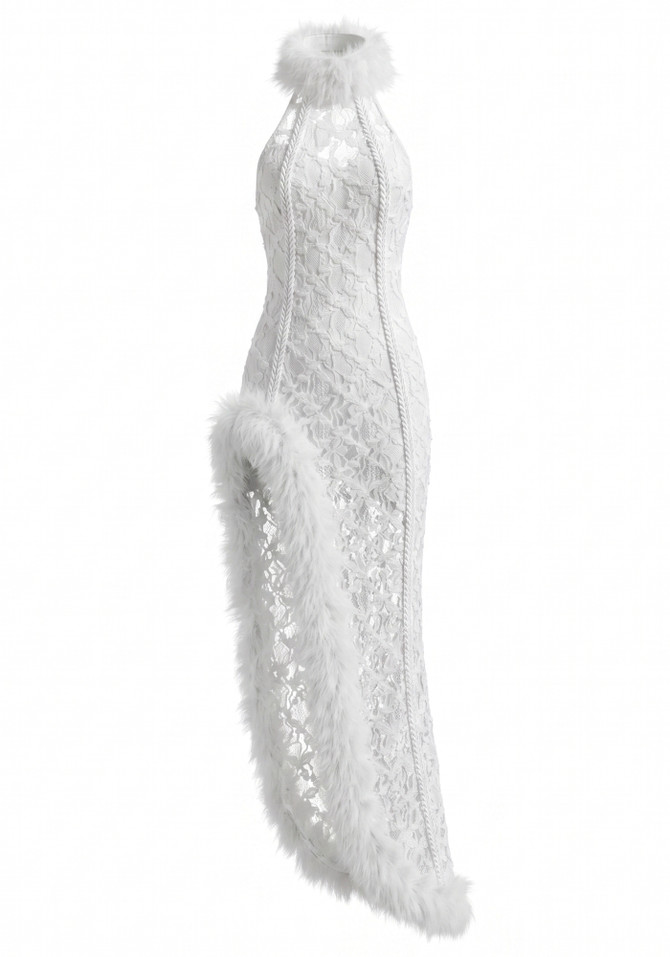 Halter Mesh Ruffle Lace Maxi Dress White