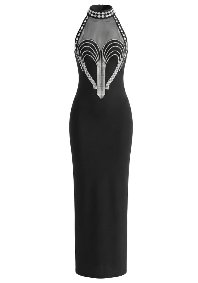Halter Crystal Embellished Mesh Maxi Dress Black