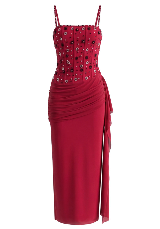 Embellished Structured Draped Maxi Dress Red