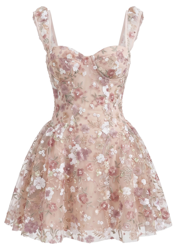Floral Embroidered A Line Dress Nude Pink