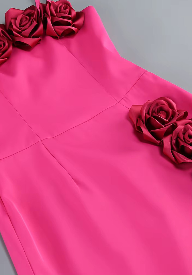 Floral Detail Midi Dress Hot Pink