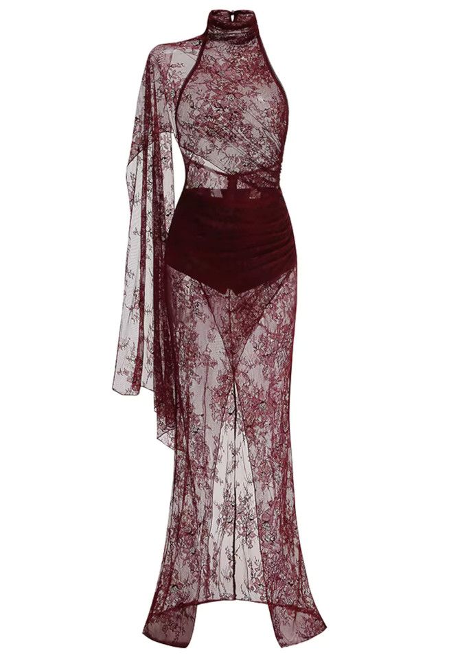 One Sleeve Draped Lace Maxi Dress Burgundy