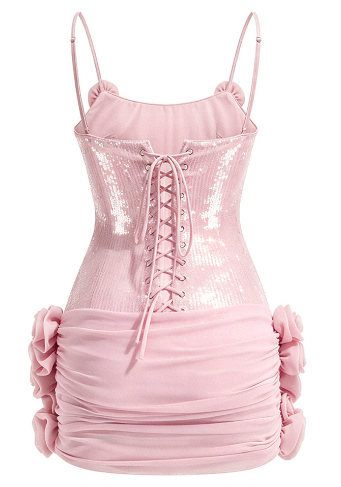 Floral Draped Sequin Corset Dress Pink