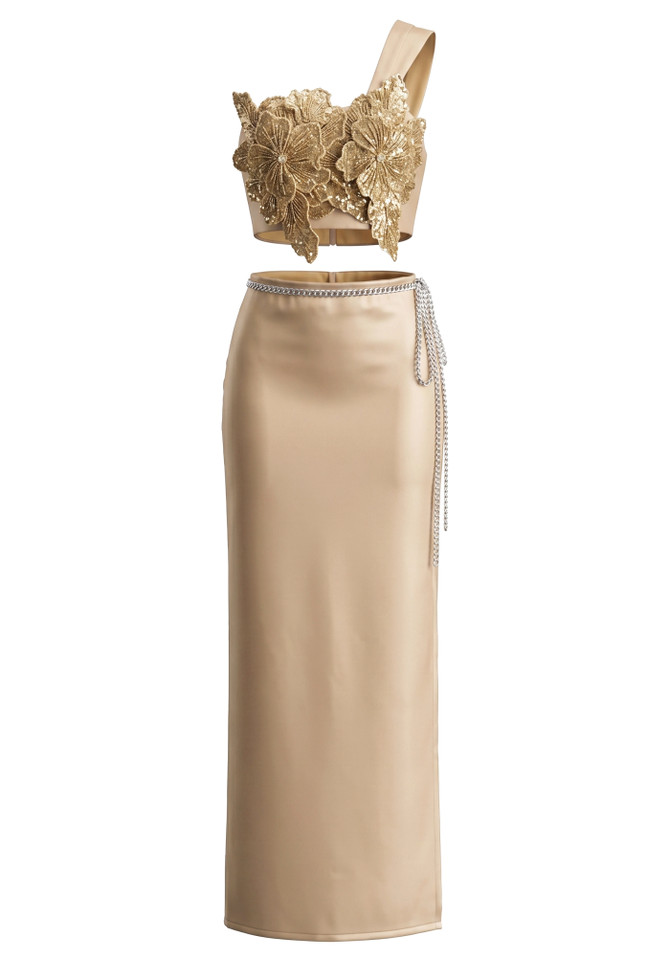 One Shoulder Sequin Floral Two Piece Maxi Dress Gold