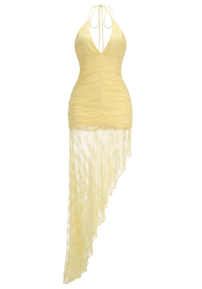 Halter Ruched Asymmetric Lace Maxi Dress Yellow