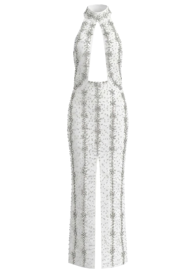 Halter Crystal Cut Out Maxi Dress White