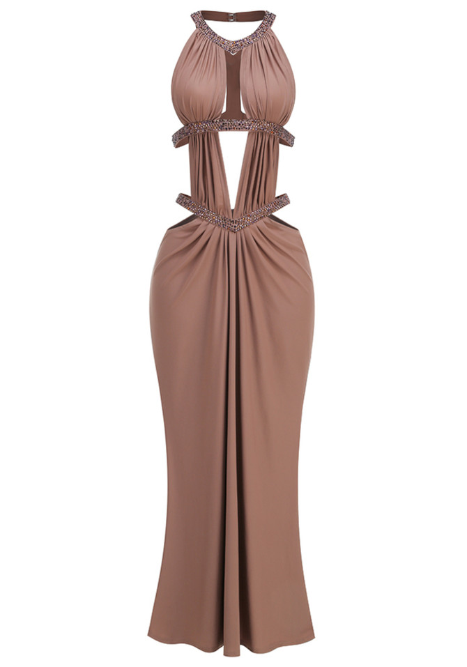 Halter Draped Cut Out Maxi Dress Brown